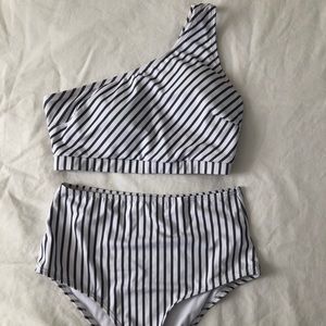 Striped High Rise Bottom One Strap Top Bikini